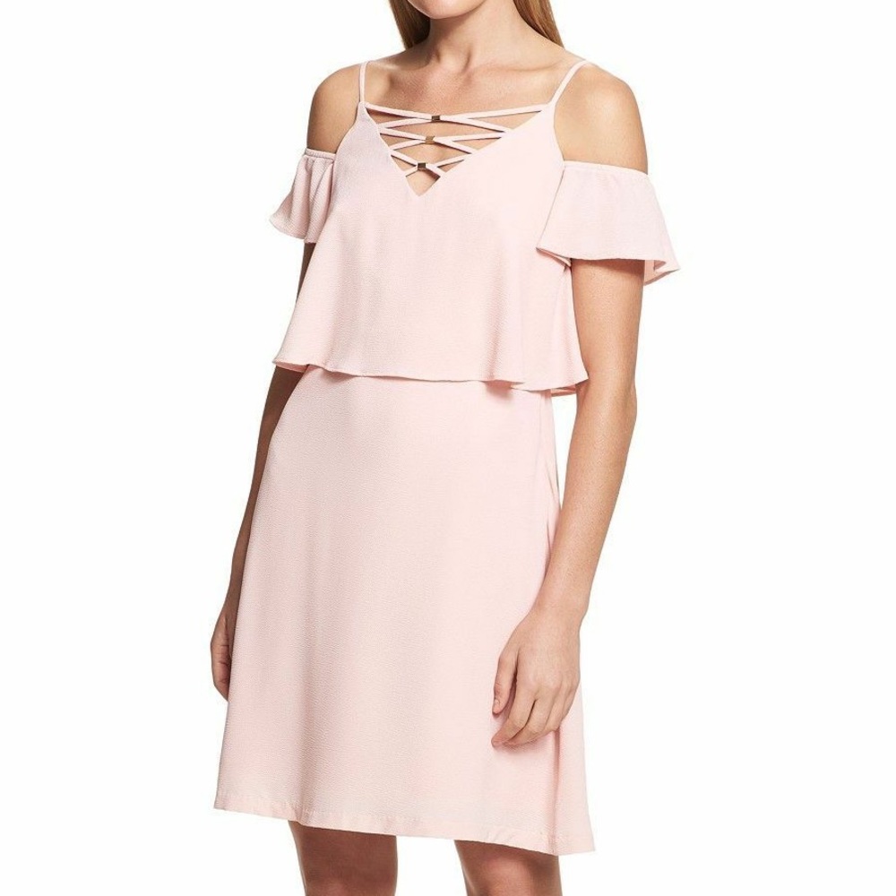 Kensie Womens Pink Lace Up Neck Cold Shoulder Flared Shift Dress